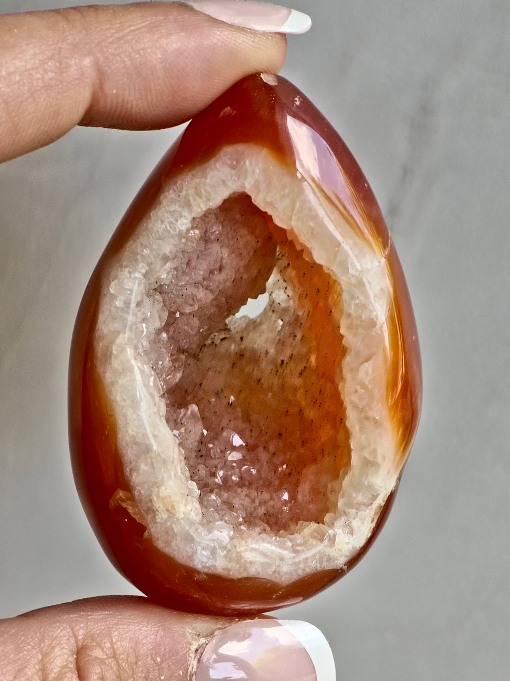 Carnelian Druzy Agate Egg — Hollow Formation with Quartz Crystal Interior